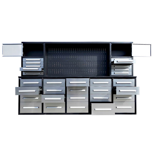 the front of 10ft Workbench Cabinet(30 Drawers, 2 Cabinets & 1 Pegboard)