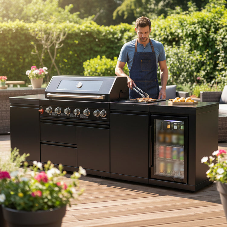 Parrilla de isla de cocina para exteriores negra de 102" y 6 quemadores de 85,000 BTU + Refrigerador + Encimeras de mármol + Fregadero