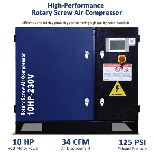 34CFM Rotary Screw Air Compressor – 10HP, 125 PSI, 230V 3-Phase 60HZ