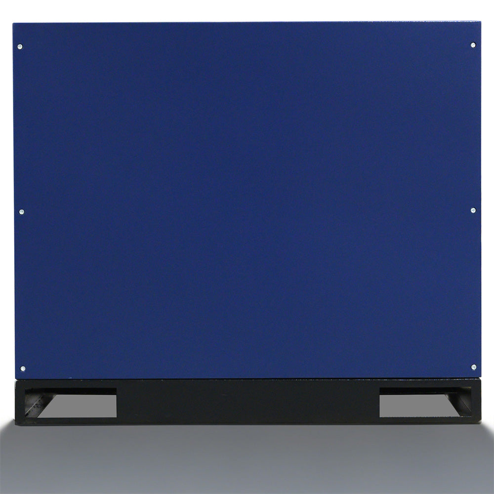 Blue and black rotary screw air compressor with warning labels on a white background