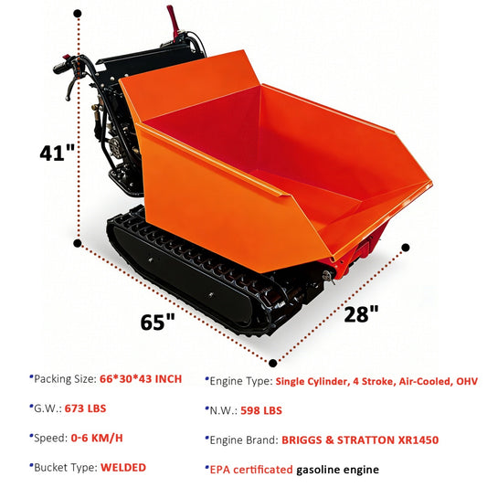 Track Mini Dumper with dimensions and specifications on a white background