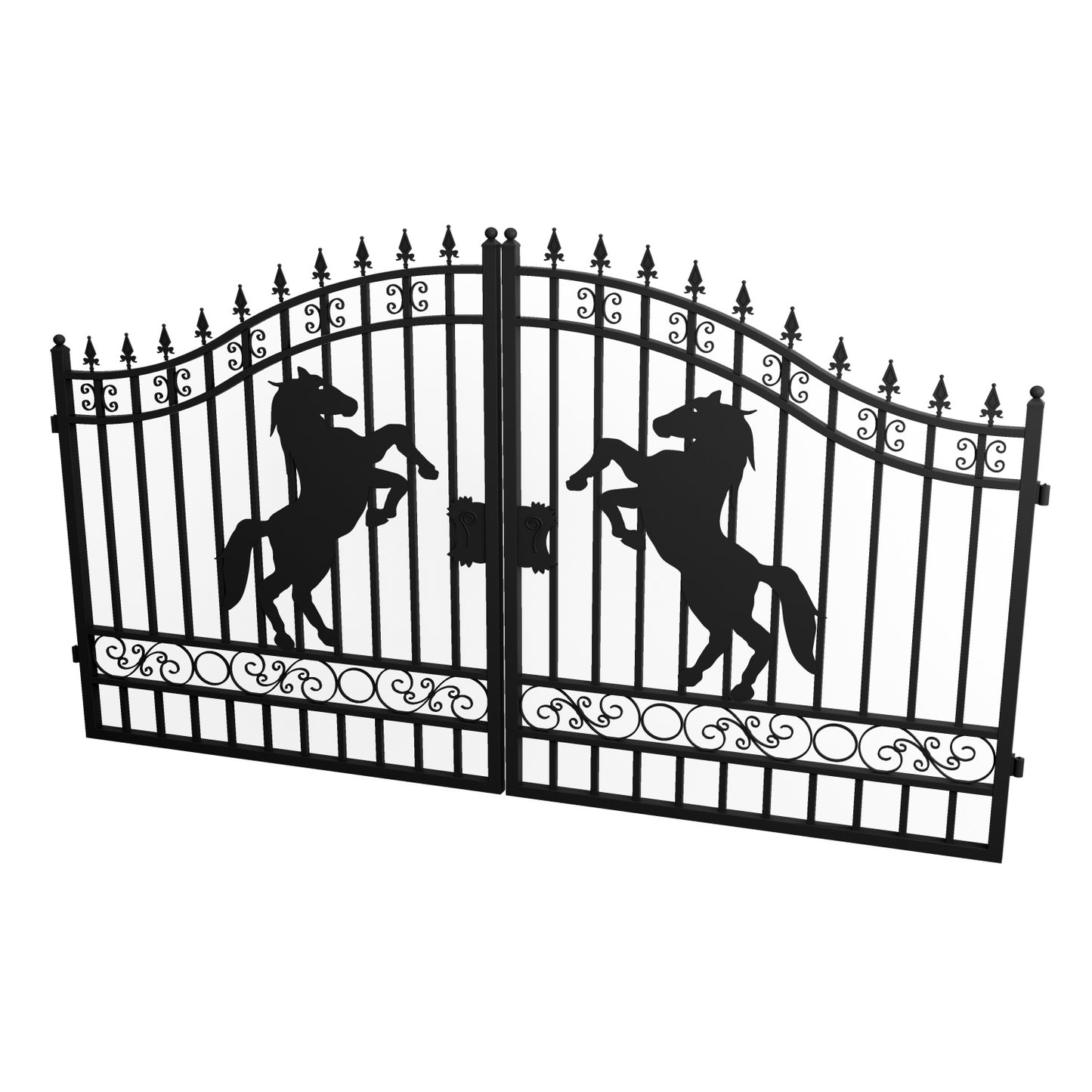12' Dual Swing Wrought Iron Gate with Horse Pattern-Side look