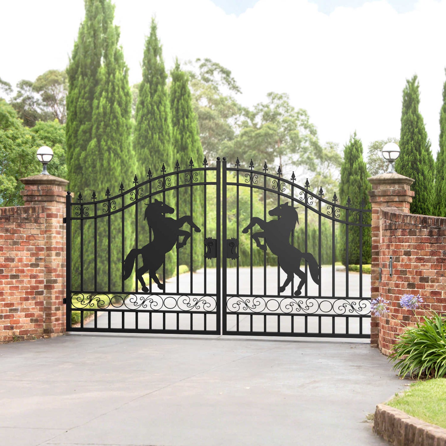 12 ft horse pattern driveway gate applied in a garden