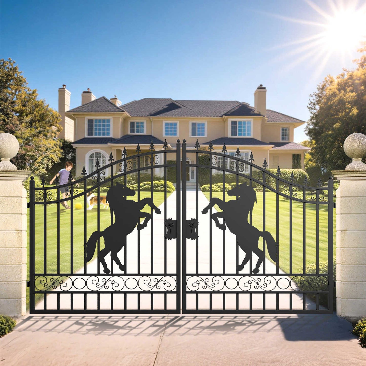 12 ft horse pattern driveway gate used at the entrance of a residential property