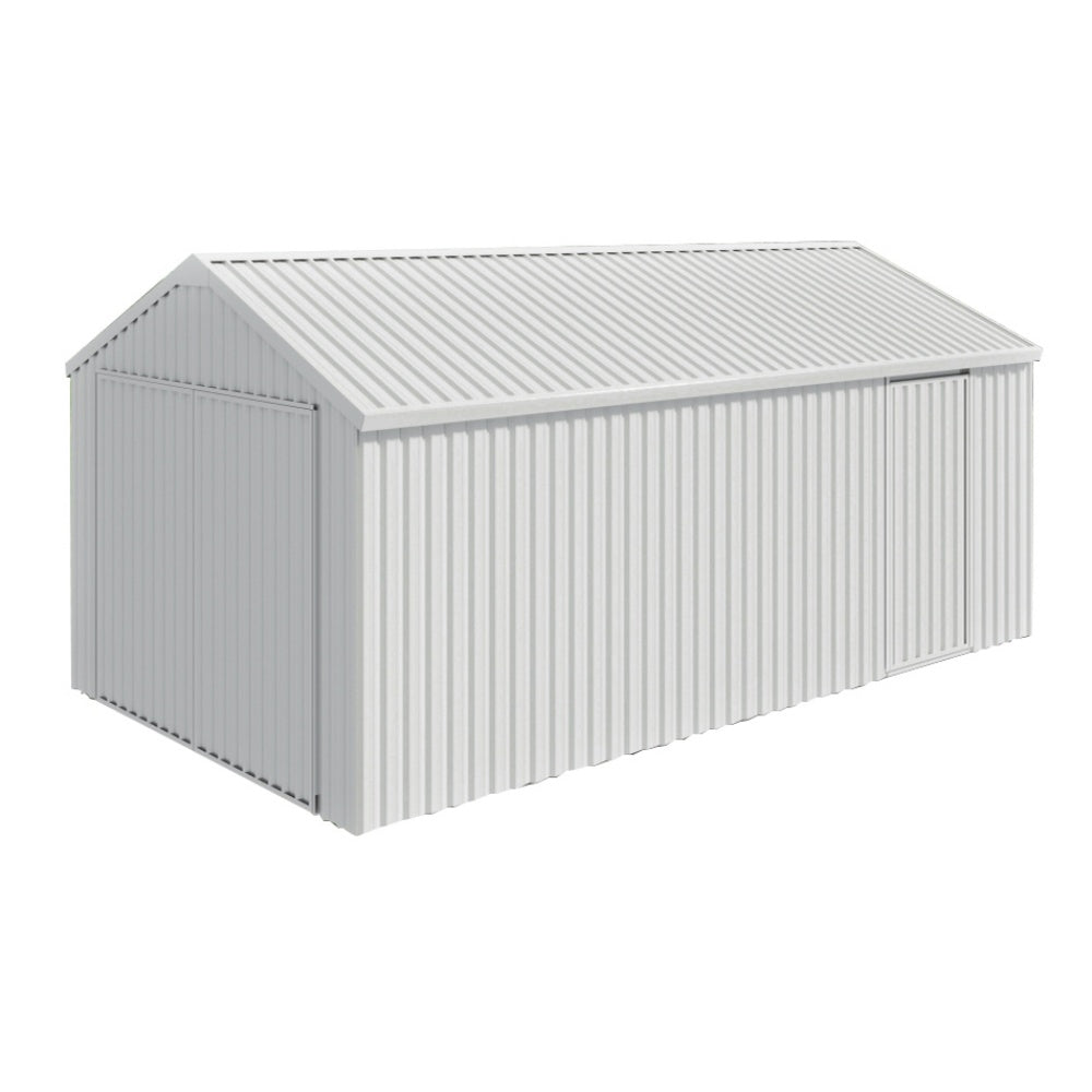 Metal storage shed with a slanted roof on a white background