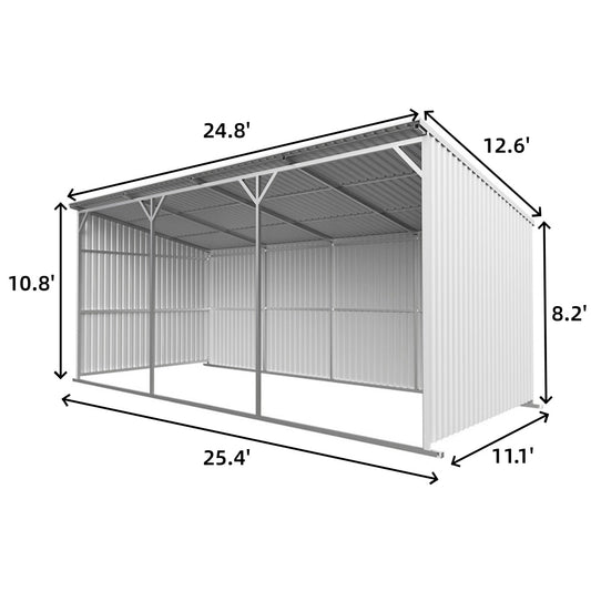 Measurement chart of a metal storage shed with dimensions labeled.