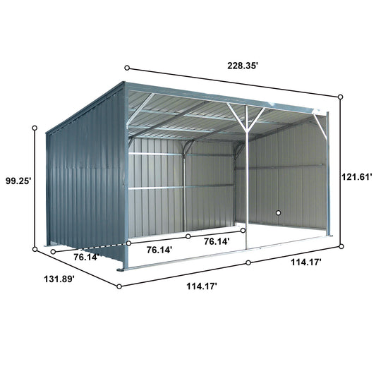 Measurement diagram of a metal storage shed with dimensions labeled.