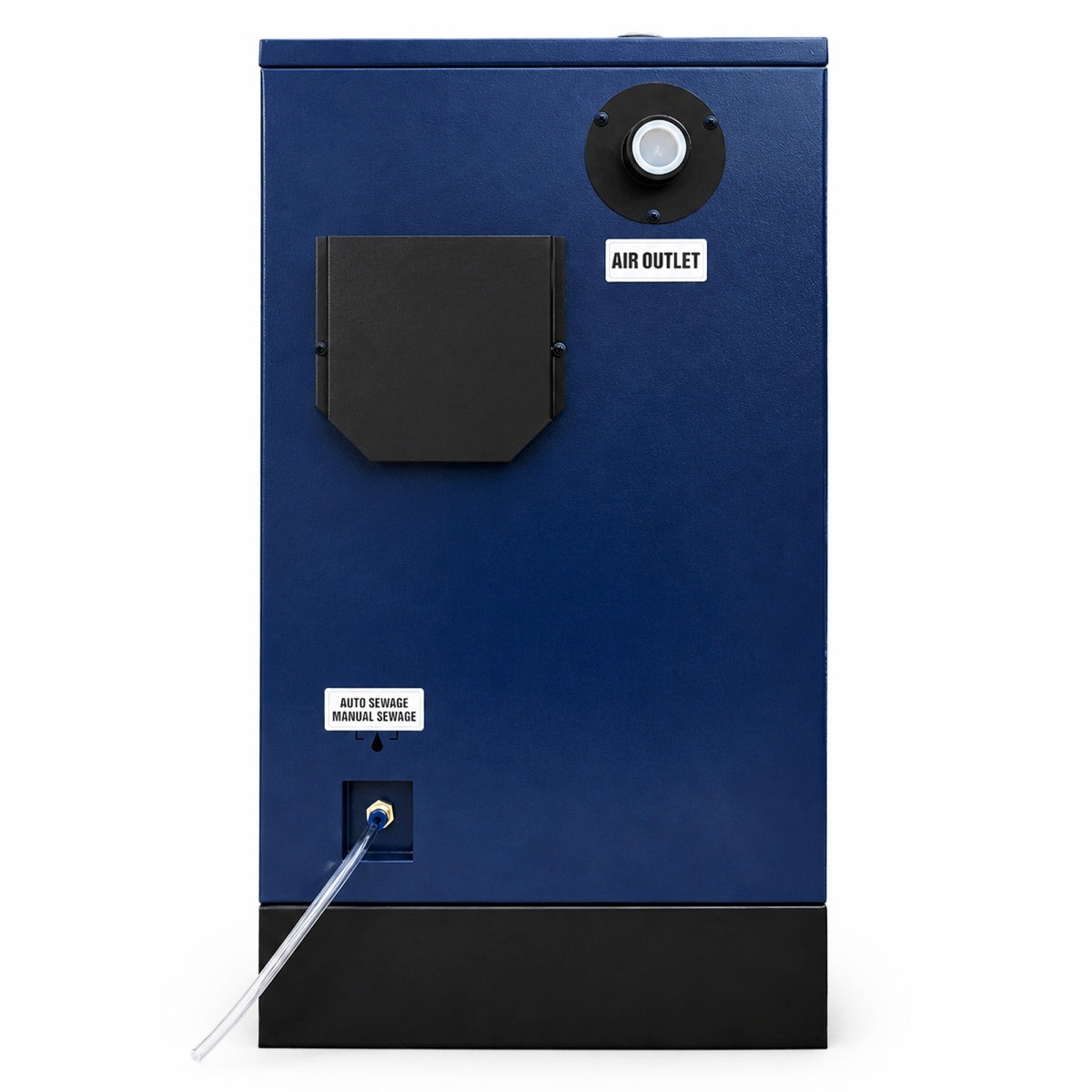 Blue industrial unit with air outlet and control panel on a white background