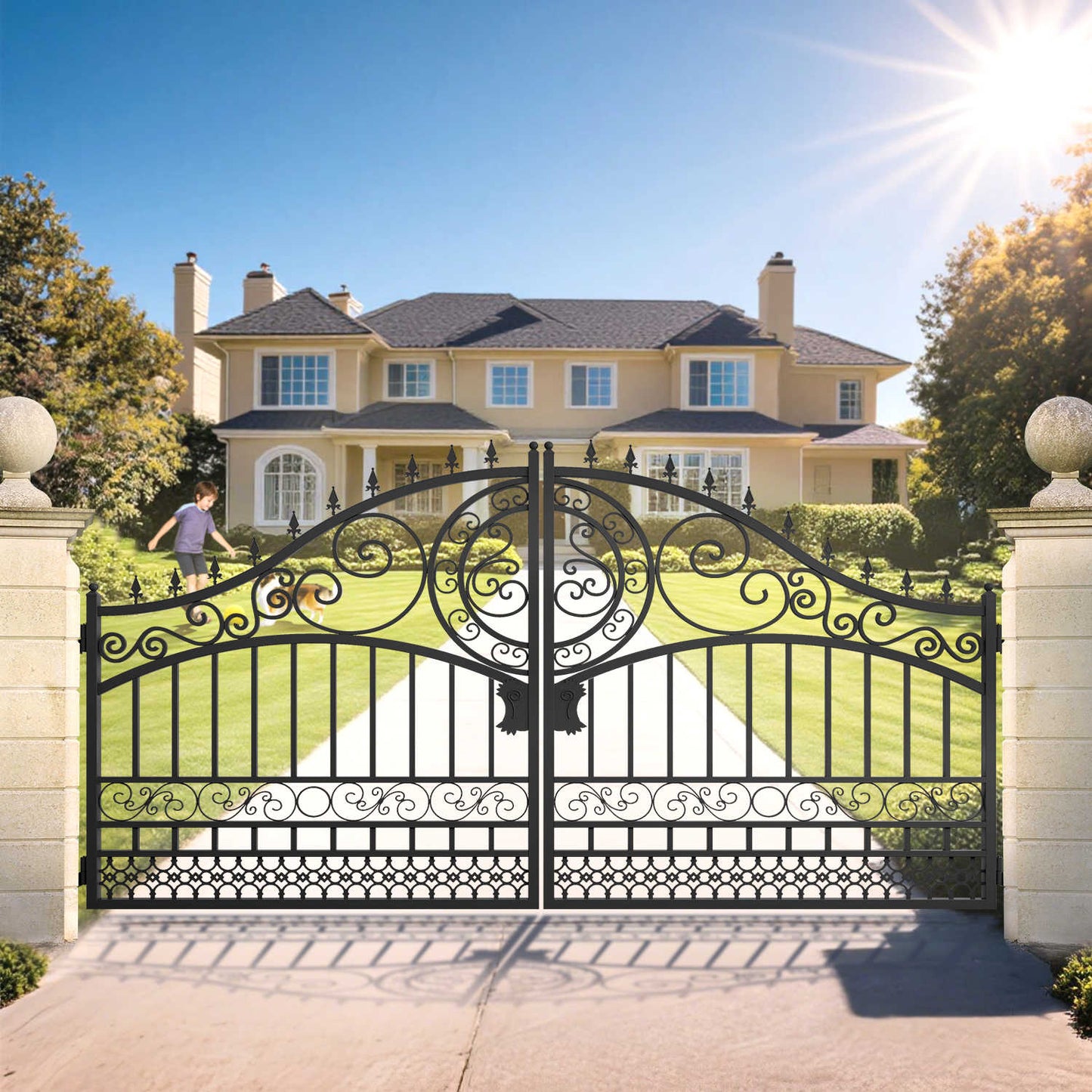14 ft Dual Swing Driveway Gate in European Style applied for a residential property