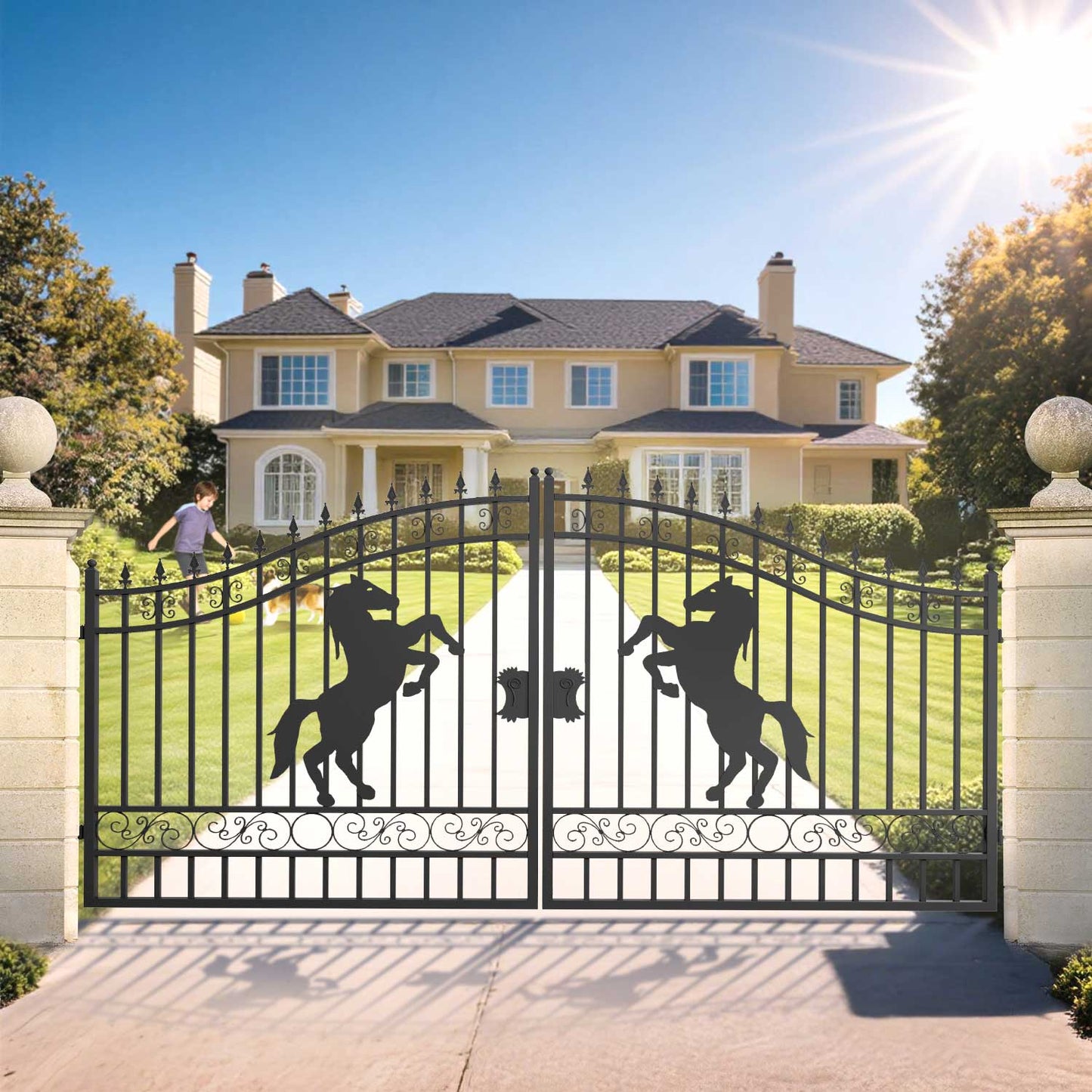 14 ft steel dual swing driveway gate with horse pattern for a residential property