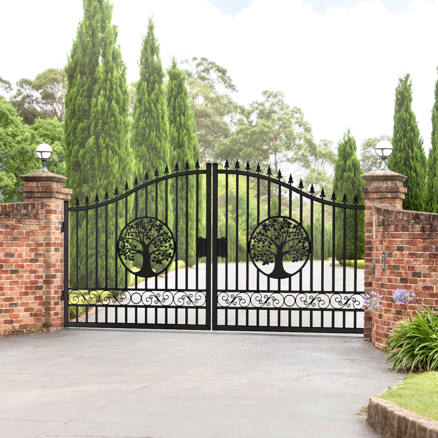 14ft tree pattern driveway gate applied in a garden