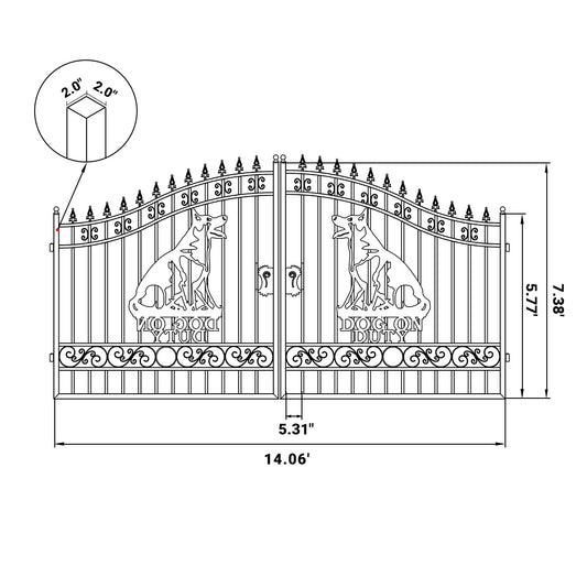 Technical drawing of an ornate gate with measurements