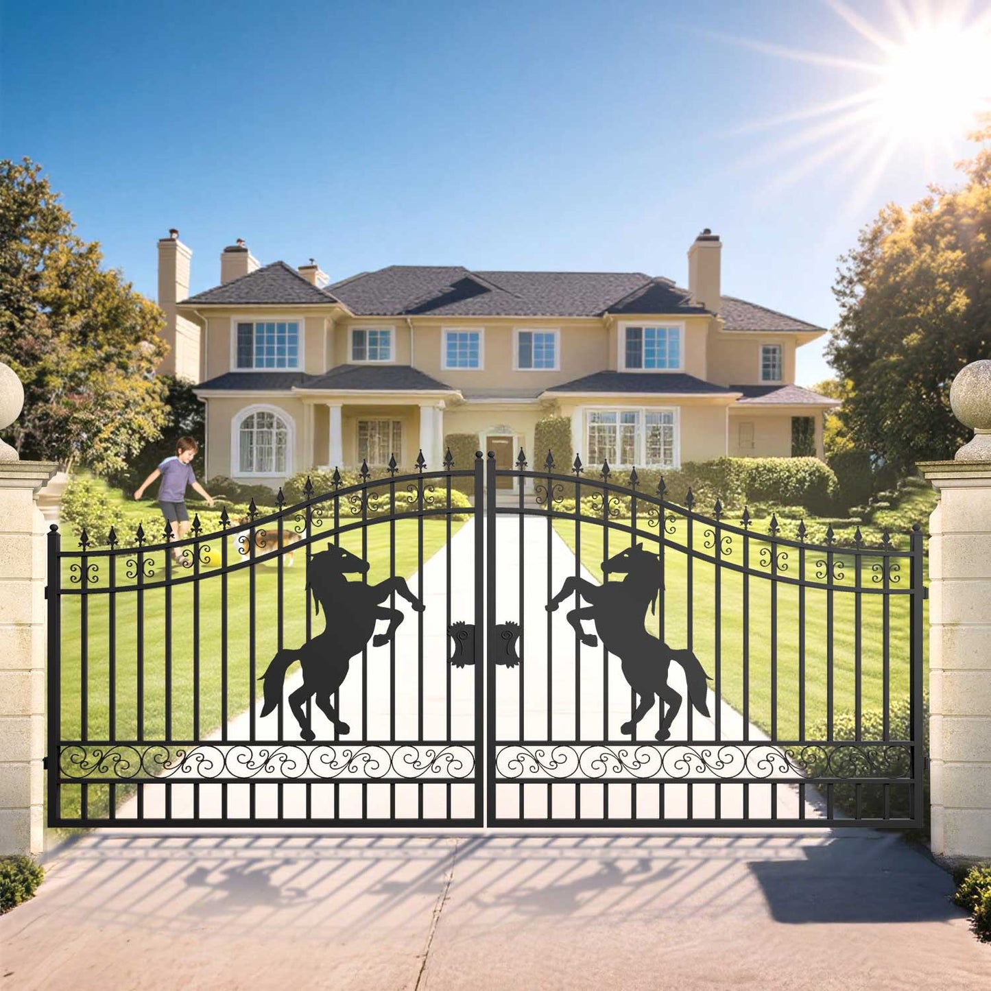 16ft steel dual swing driveway gate with horse pattern for a residential property