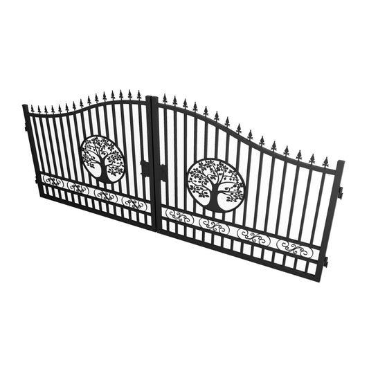 16x8 ft Steel Dual Swing Driveway Gate with Tree Pattern