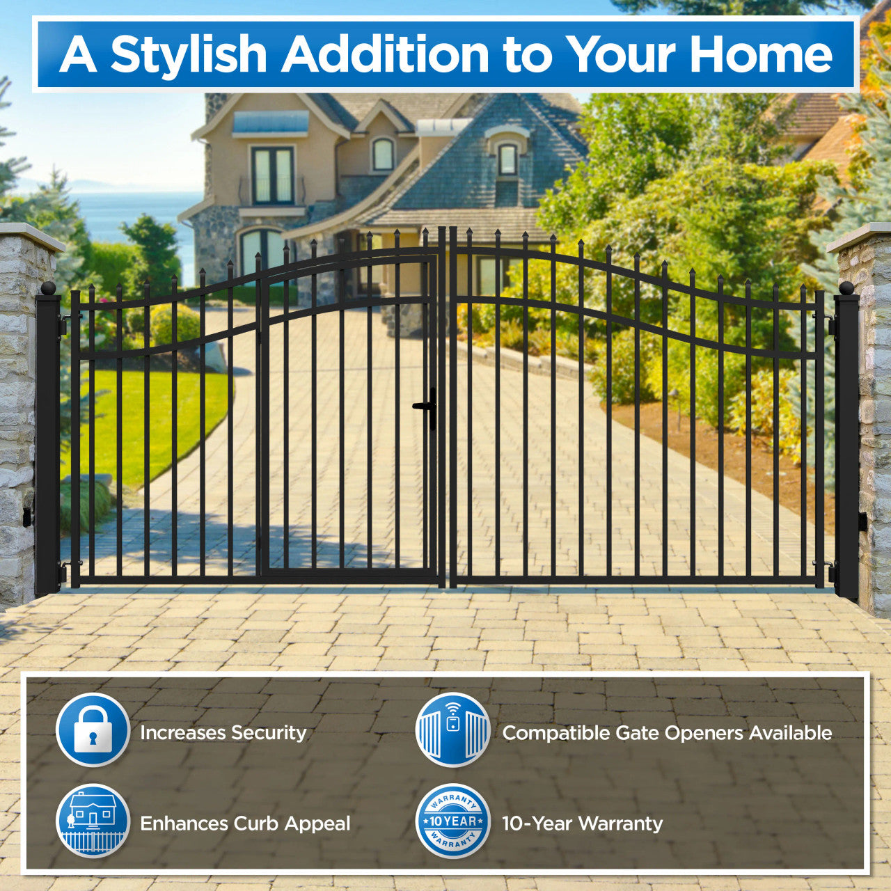 16x7 ft Steel Dual Swing Driveway Gate with Pedestrian Door