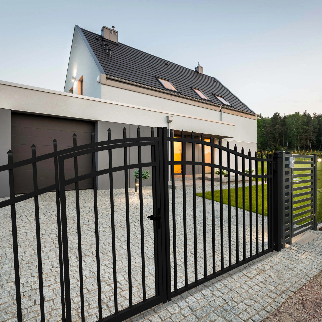 16x7 ft Steel Dual Swing Driveway Gate with Pedestrian Door