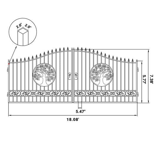 Technical drawing of an ornate metal gate with dimensions