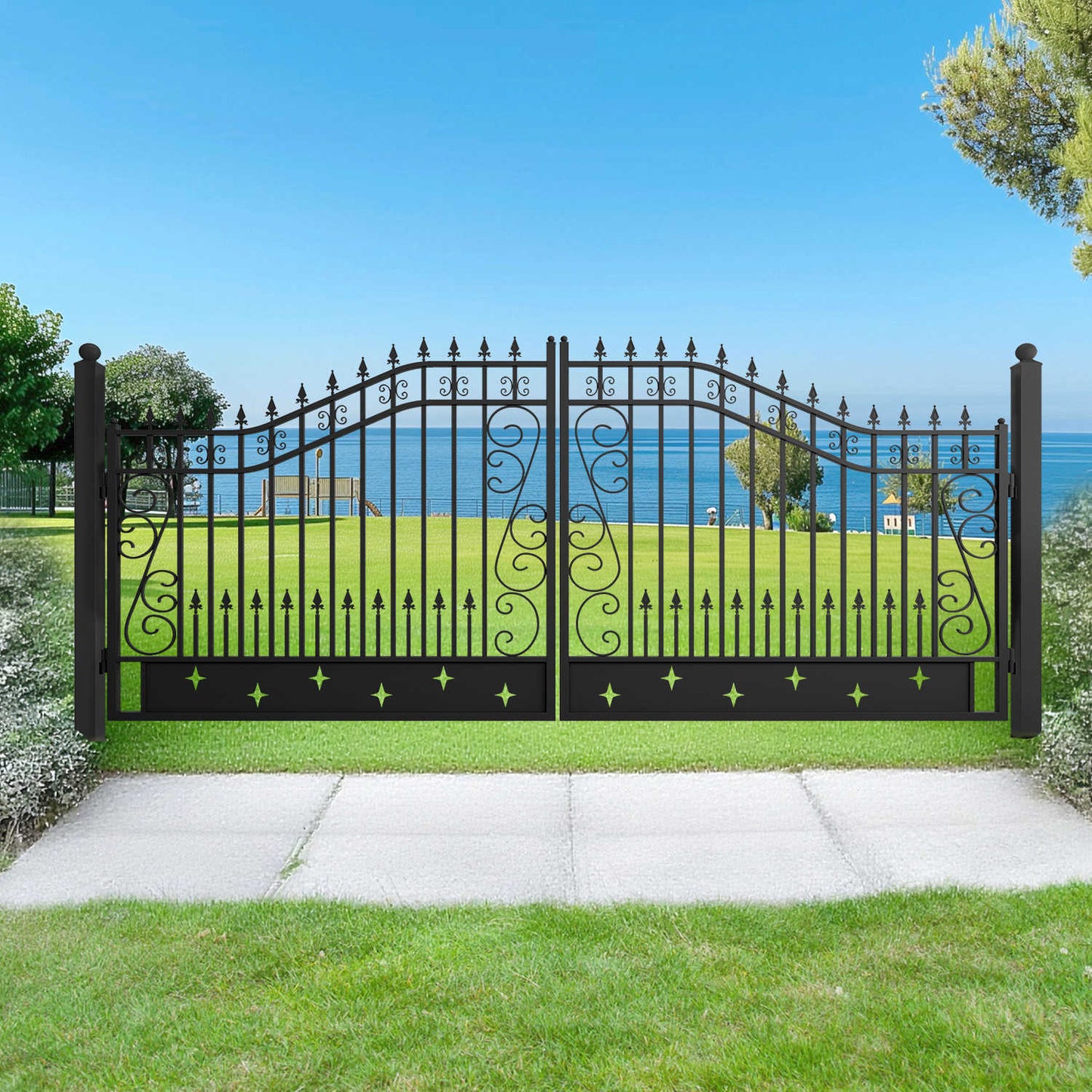 20 ft star pattern driveway gate installed by the sea