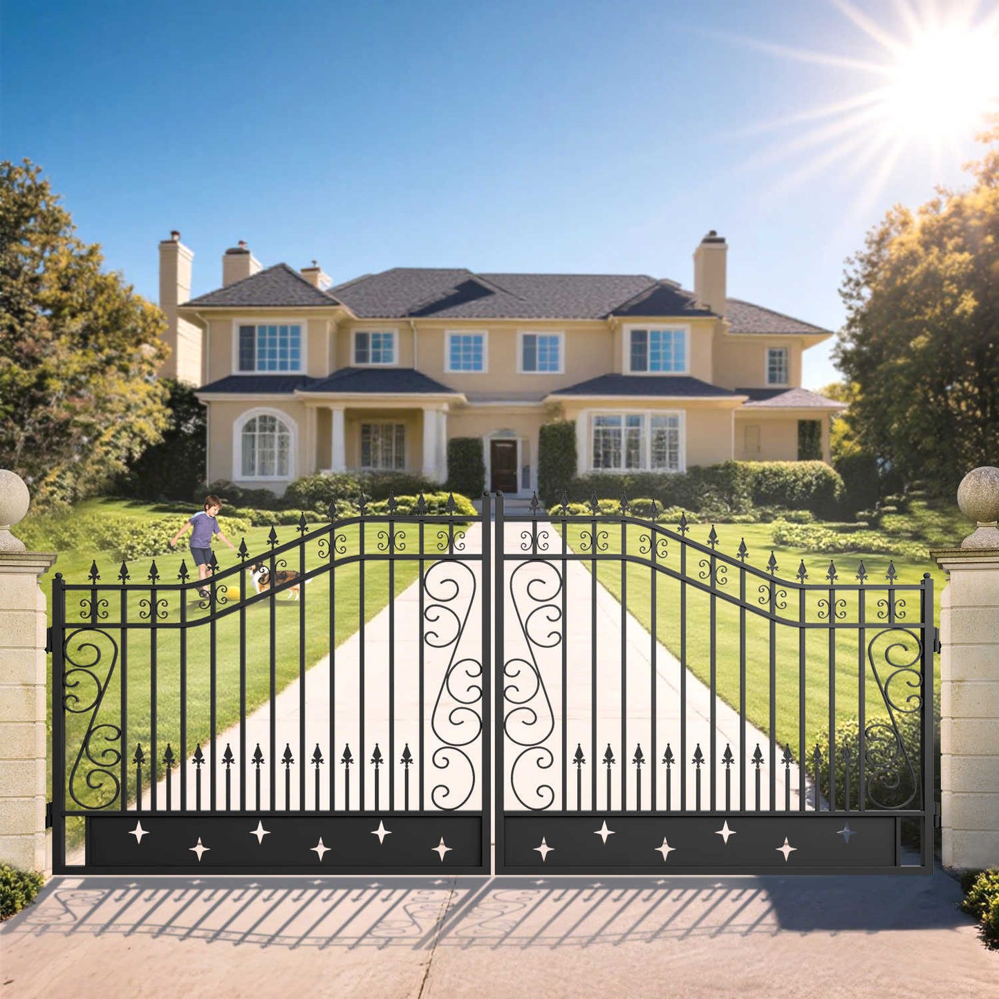 20 ft star pattern driveway gate used at the entrance of a residential property