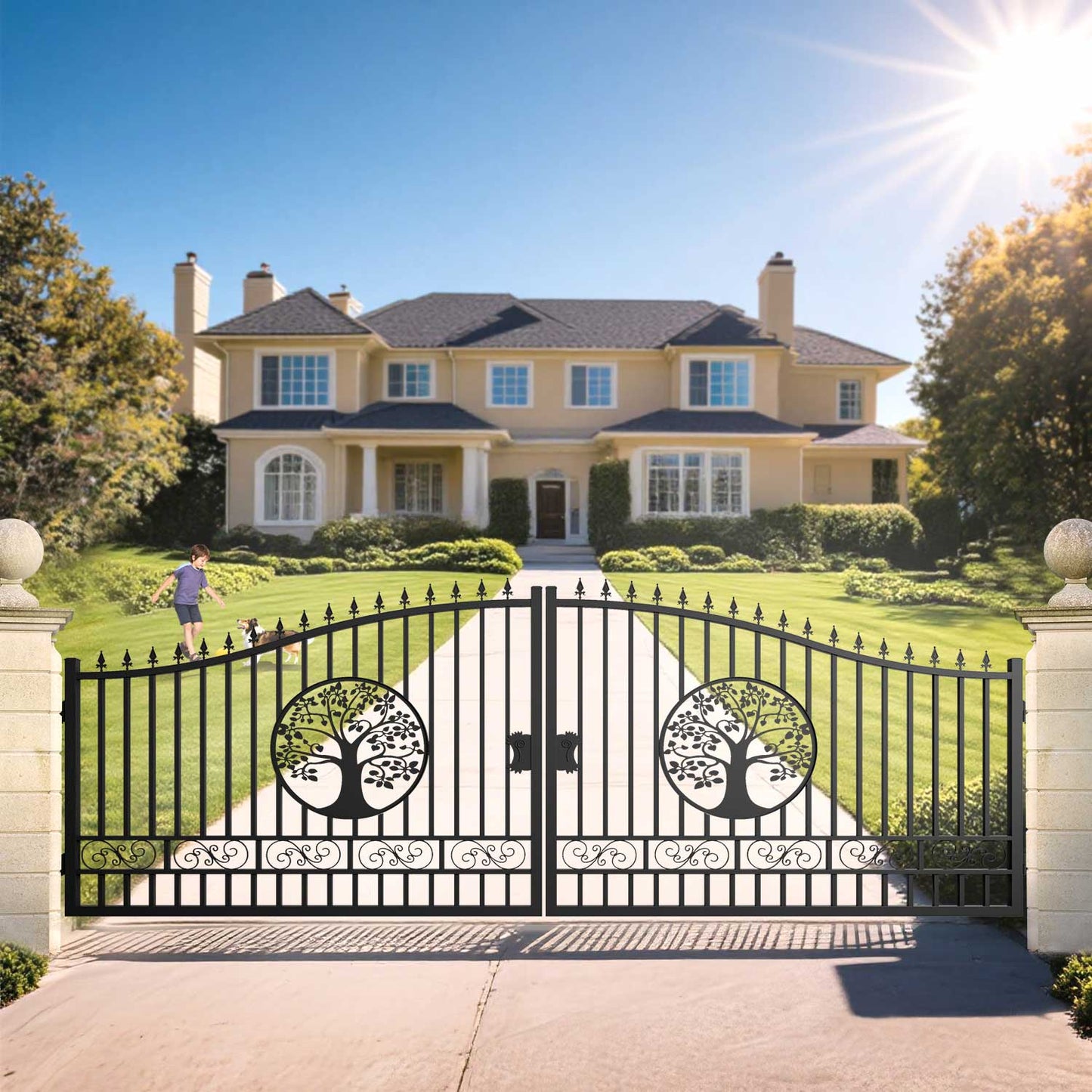 20x8 ft Steel Dual Swing Driveway Gate with Wider Goalposts