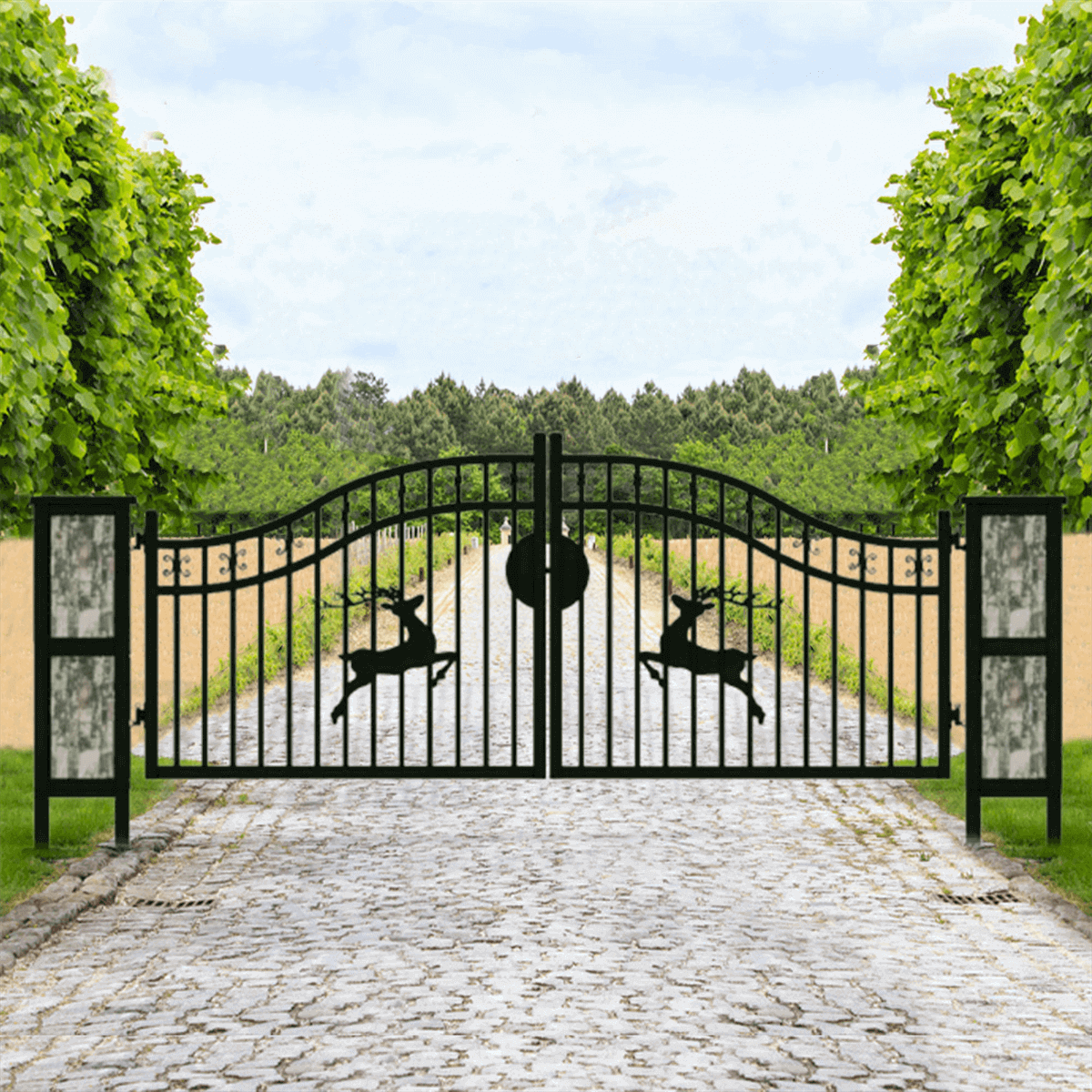 20ft driveway gate with decorative posts for a forest#Style_Double Arc
