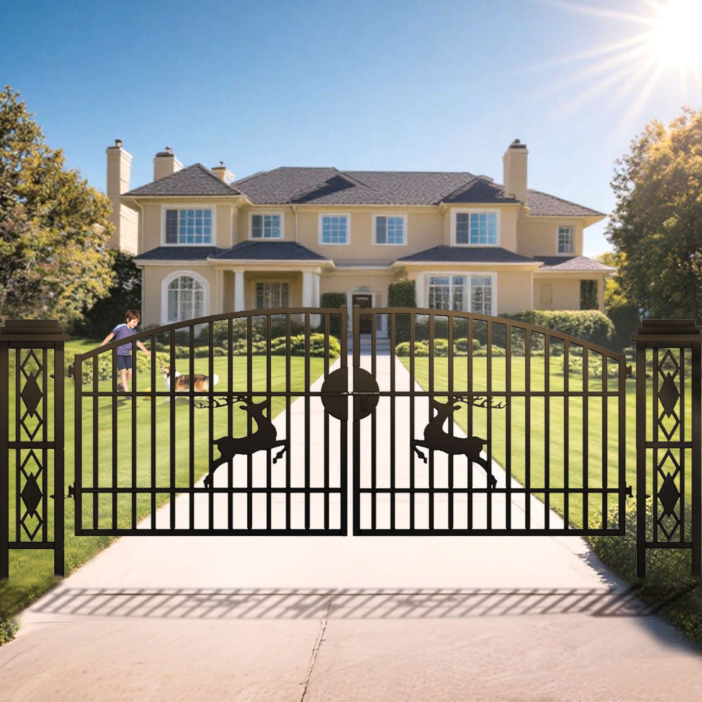 20ft driveway gate with decorative posts for a residential property