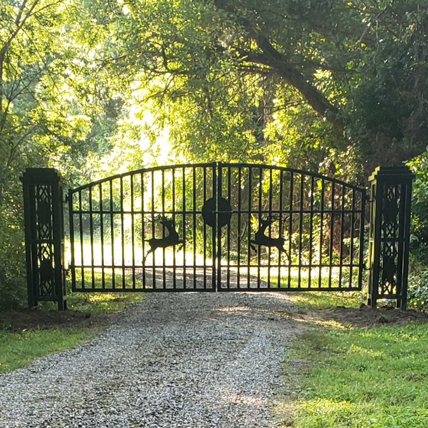 20ft driveway gate with ornamental posts applied for a forest