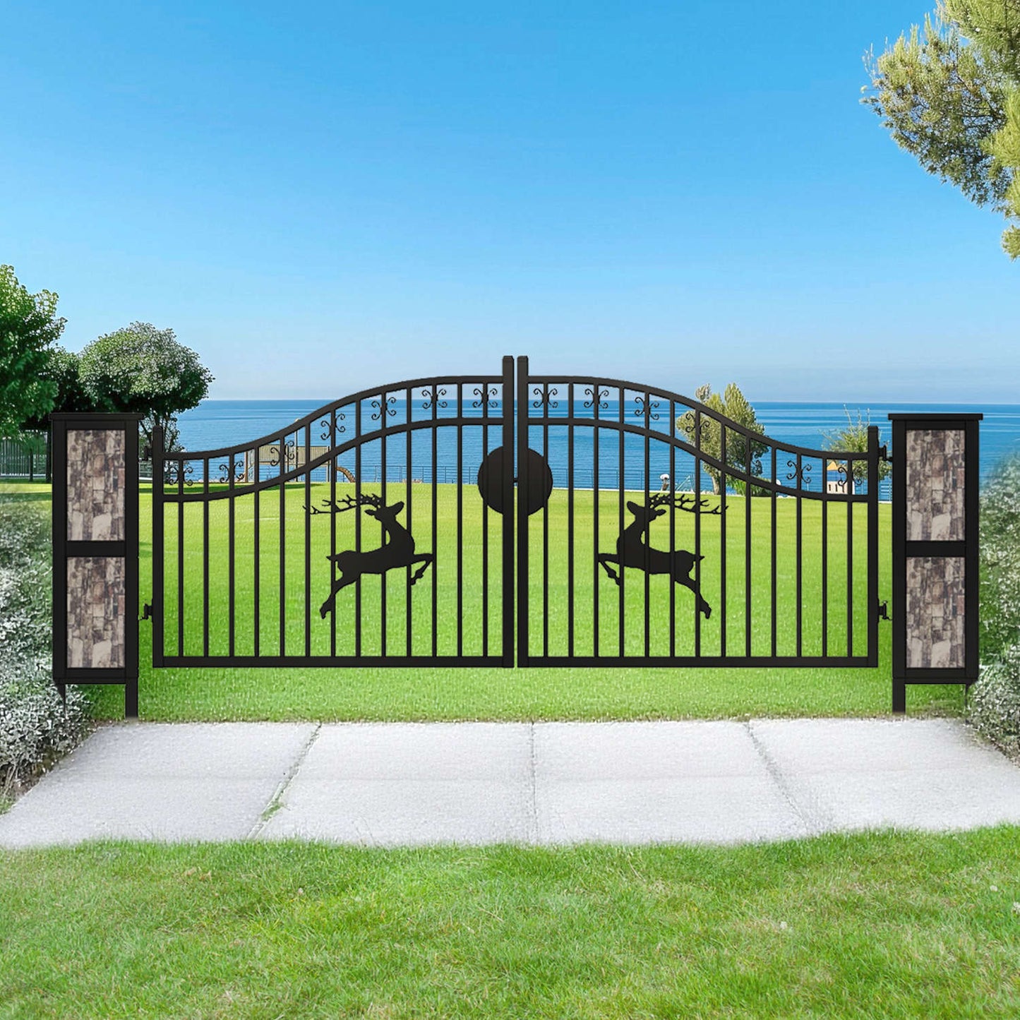 20ft driveway gate with ornamental posts installed by the sea