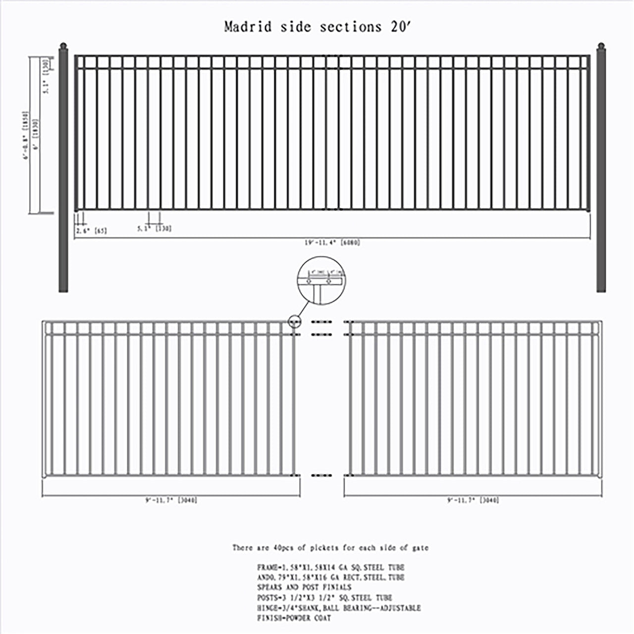 20ft Steel Sliding Driveway Gate with 5ft Pedestrian-Madrid Style