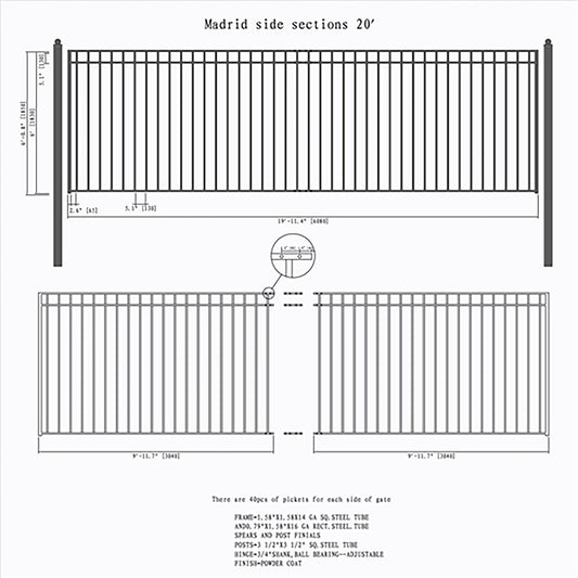 20ft Steel Sliding Driveway Gate with 5ft Pedestrian-Madrid Style