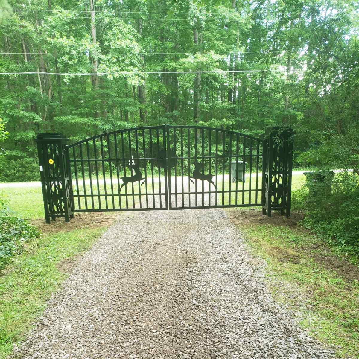 20x8 ft Dual Swing Driveway Gate with Ornamental Posts applied for a forest
