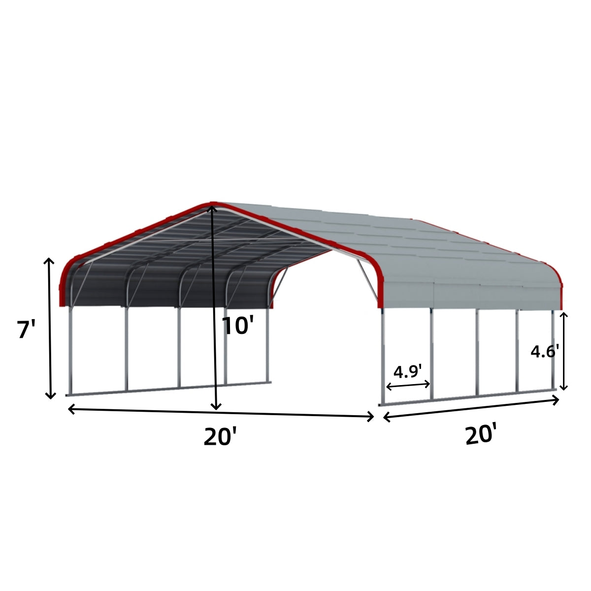 20x20 ft Outdoor Metal Carport-4-9ft-truss-spacing-Dimension