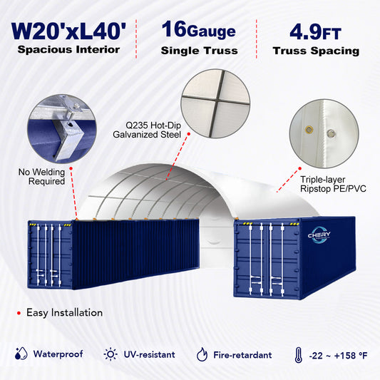 Container with specifications and features on a white background