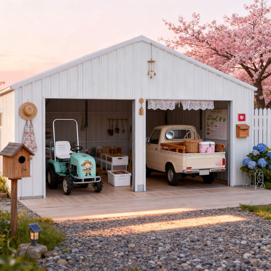 White garage with a truck inside, cherry blossom tree in the background#color_White