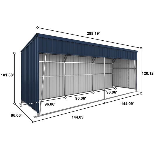 Measurement chart of a storage shed with dimensions labeled