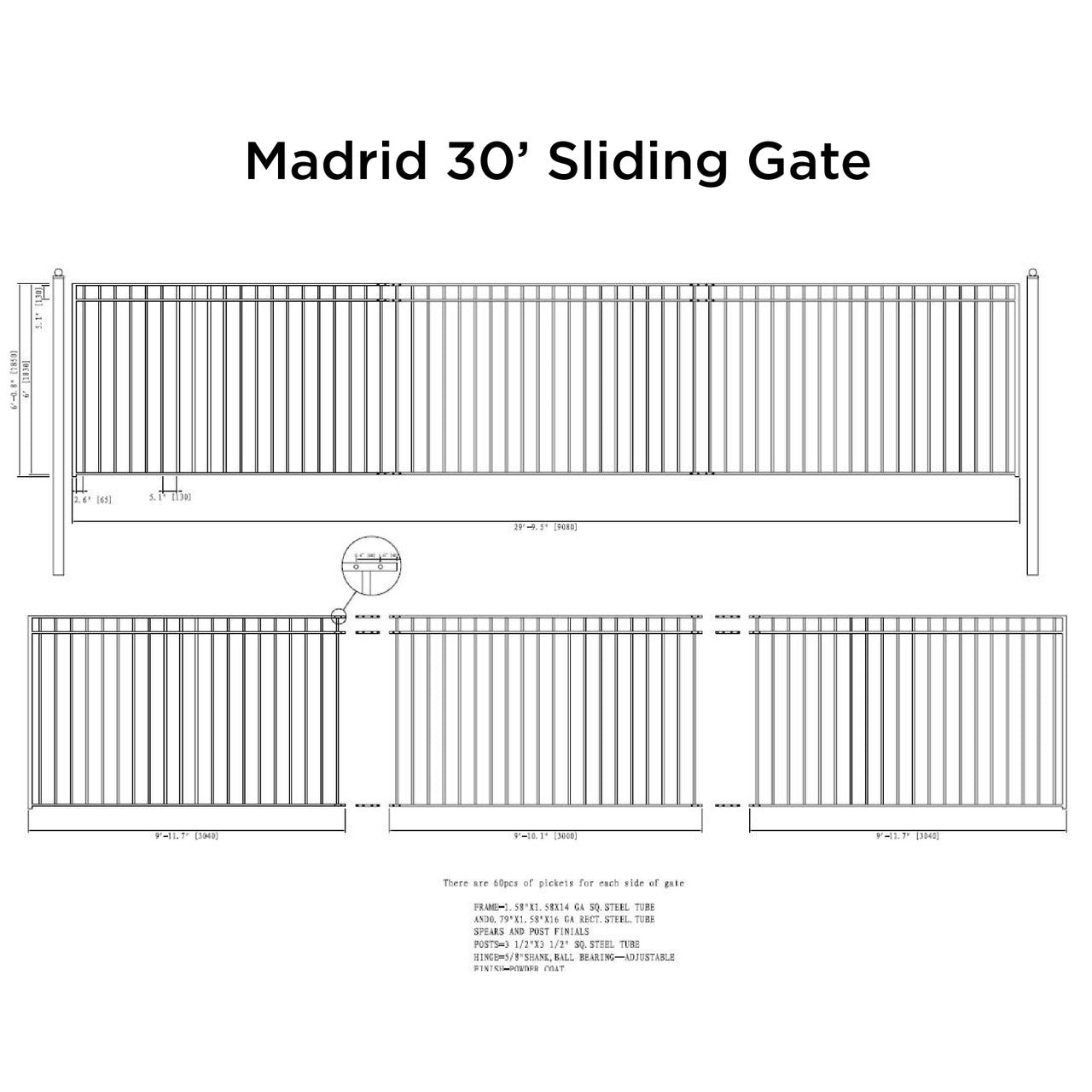 30x6 ft Steel Sliding Driveway Gate - MADRID Style