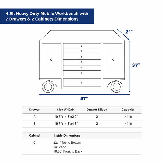 4.5ft Heavy Duty Mobile Workbench with 7 Drawers & 2 Cabinets