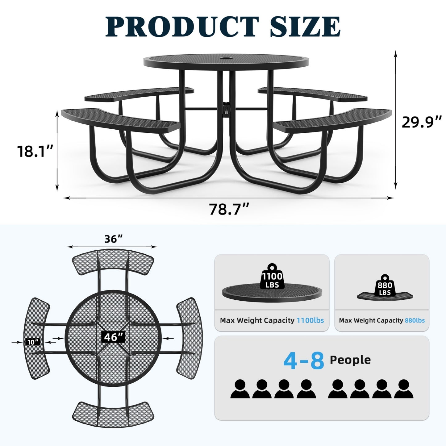 46" Round Picnic Table With Umbrella Hole#Color_black