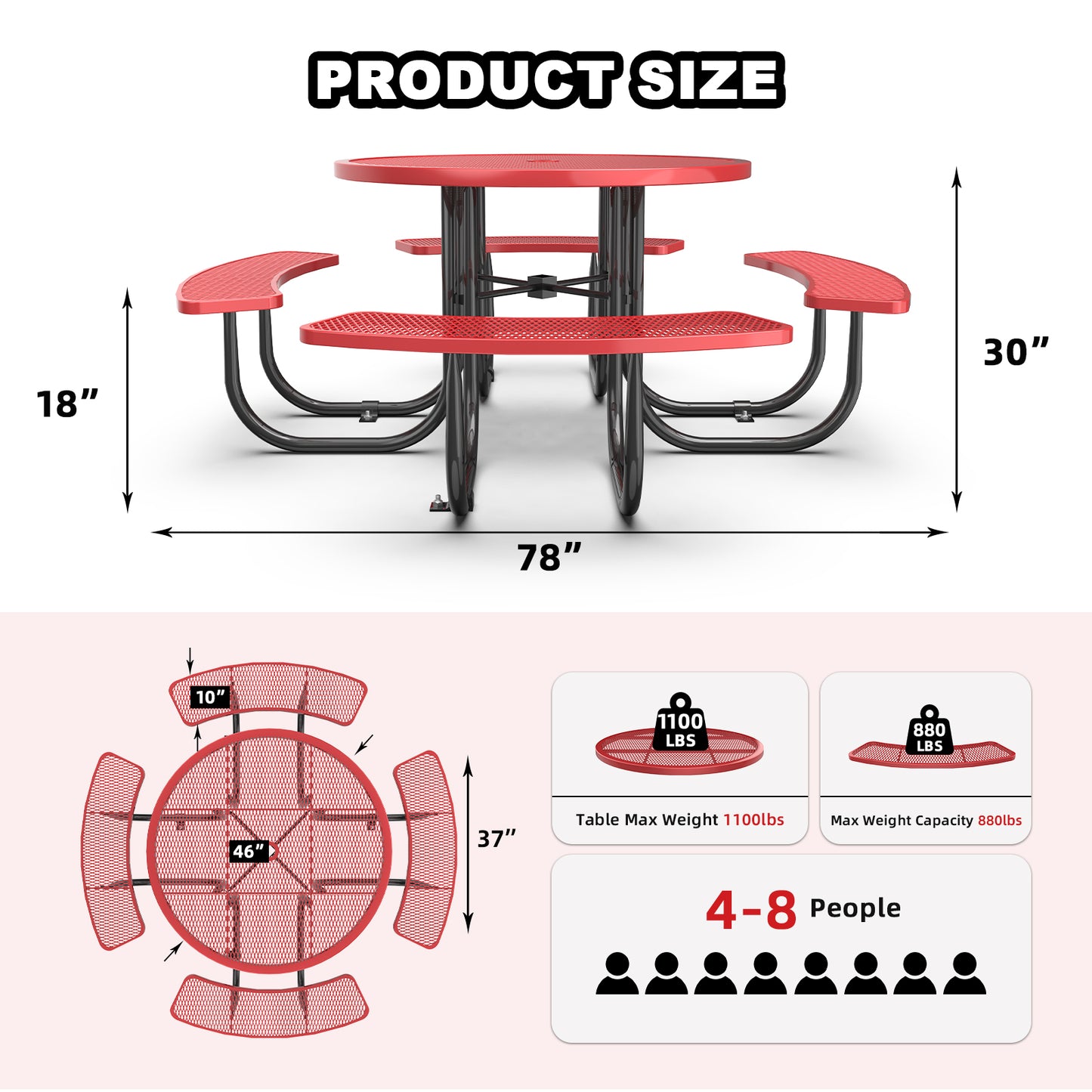 46" Round Picnic Table With Umbrella Hole-Dimension#Color_red