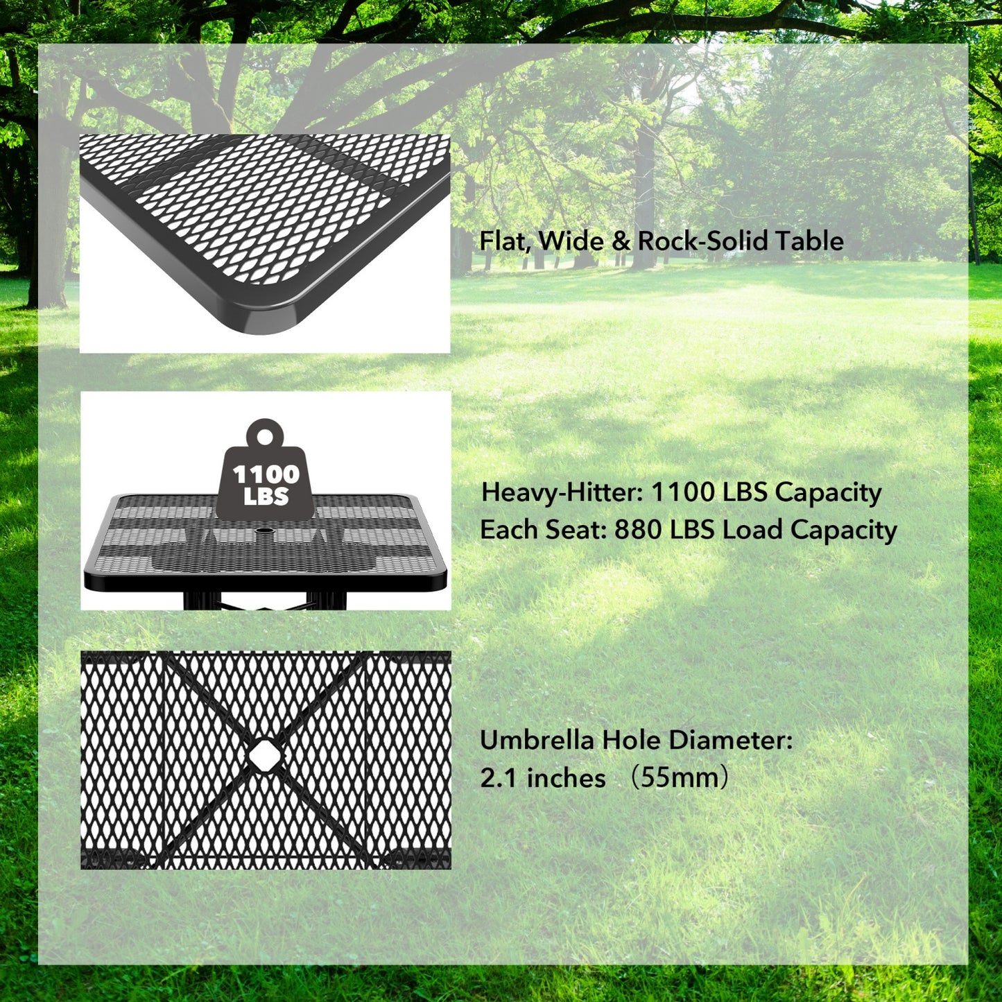 46" Square Picnic Table With Umbrella Hole#Color_black