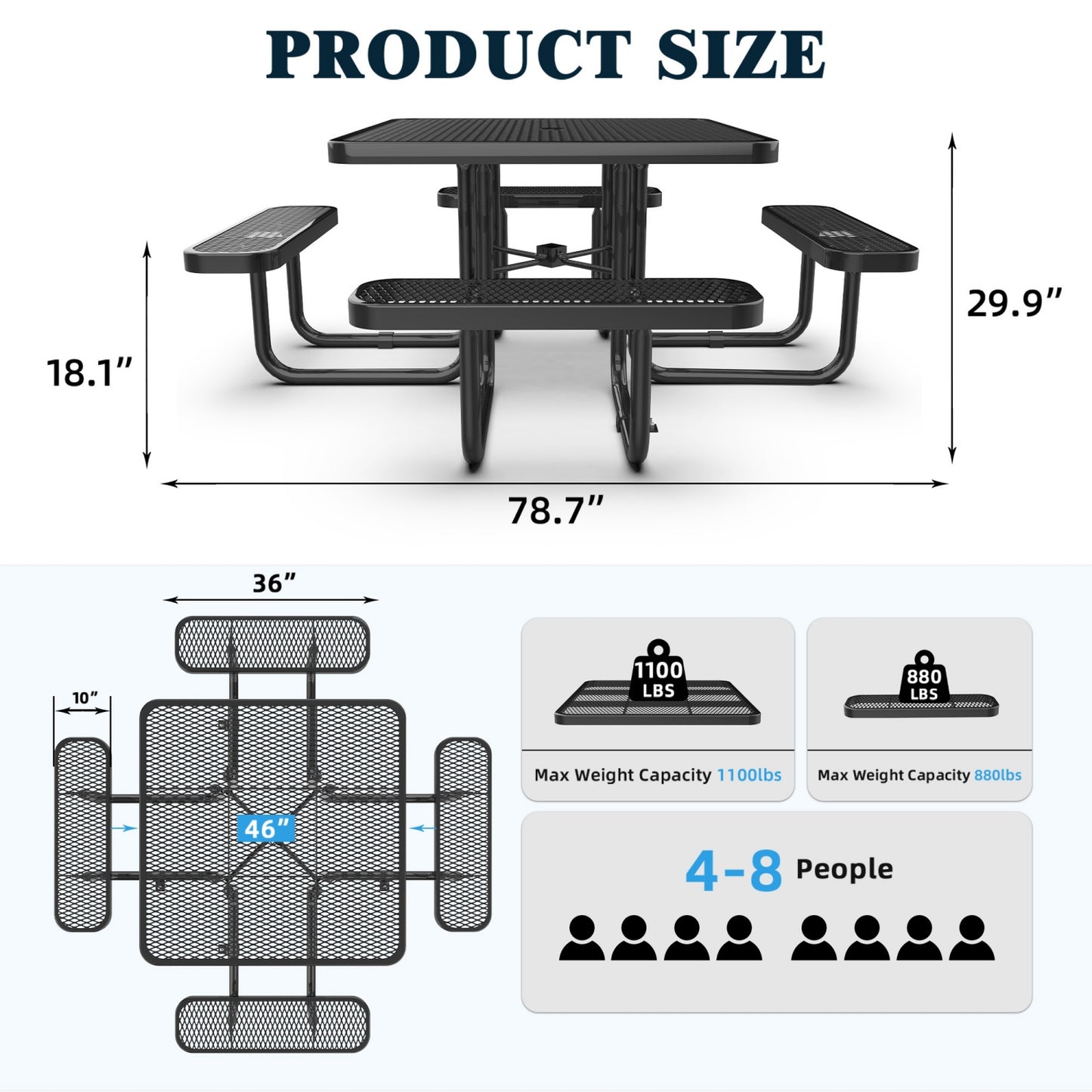 46" Square Picnic Table With Umbrella Hole#Color_black