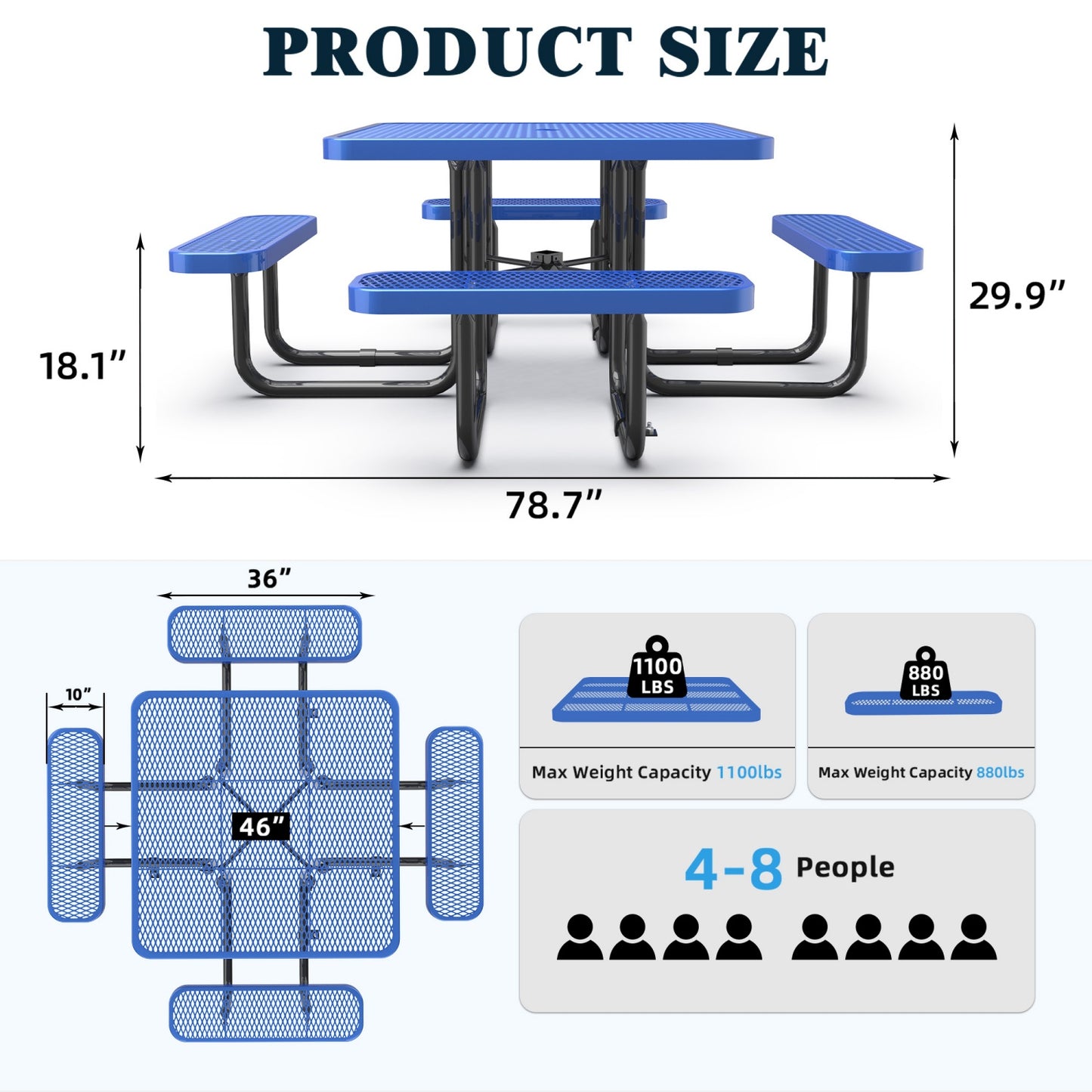 46" Square Picnic Table With Umbrella Hole#Color_blue