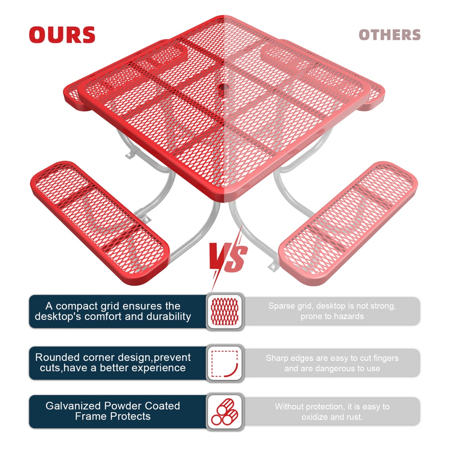 46" Square Picnic Table With Umbrella Hole, Red-Compare#Color_red