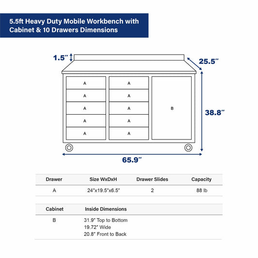 5.5ft Heavy Duty Mobile Workbench with Cabinet & 10 Drawers Dimension