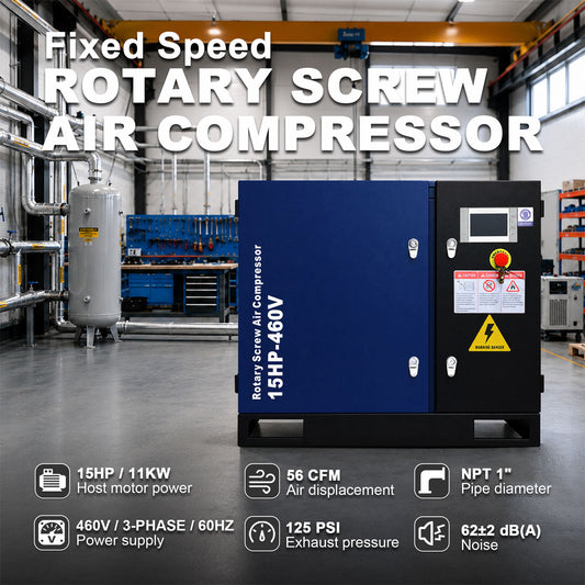 A large blue and black rotary screw air compressor shown in a factory setting.