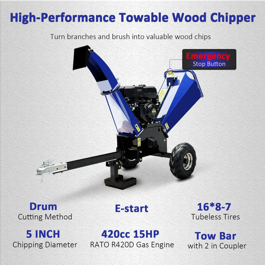 5" 15 HP 420cc Gas Powered E-start Wood Chipper