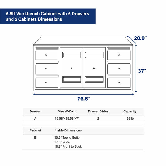6.5ft Workbench Cabinet with 6 Drawers and 2 Cabinets Dimension