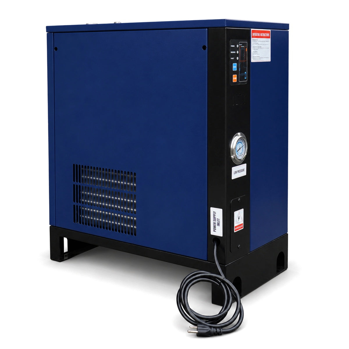 Blue industrial machine with a cable on a white background