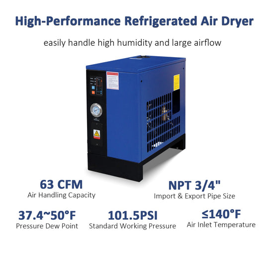 63CFM Refrigerated Air Dryer for 10HP & 15HP Compressors Features