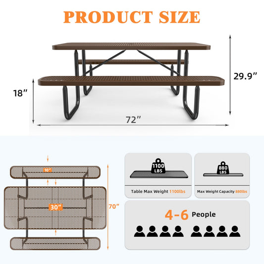 6ft Rectangle Picnic Table With Umbrella Hole Brown#color_Brown